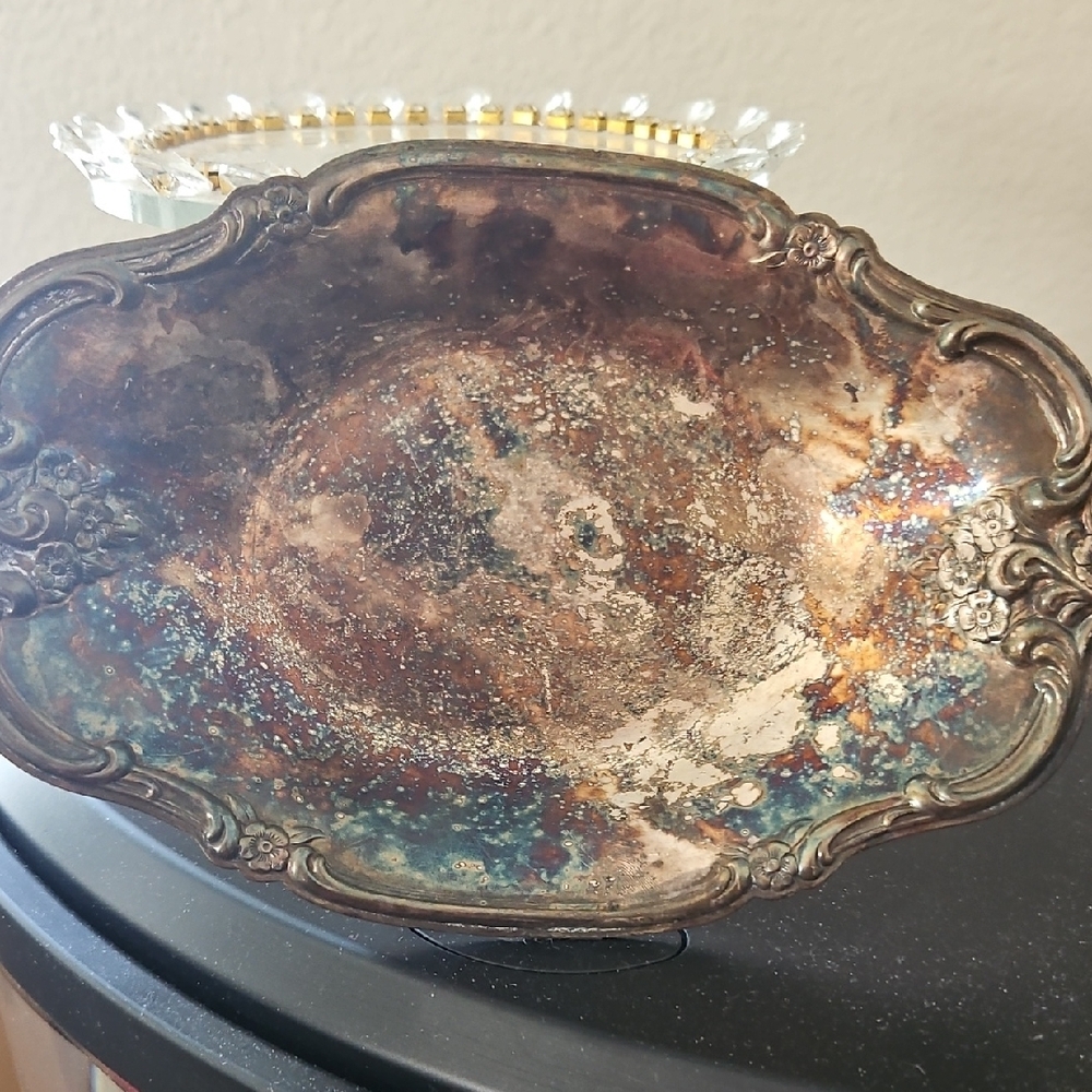 Silver and Brown Decorative Accent Tray with Ornate Design